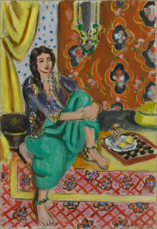 Sittende odalisque, venstre kne bøyd, ornamentalt bakgrunn og sjakkmønster - Henri Matisse