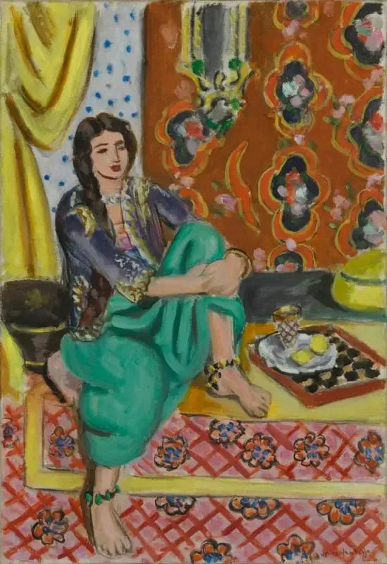 Sittende odalisque, venstre kne bøyd, ornamentalt bakgrunn og sjakkmønster - Henri Matisse