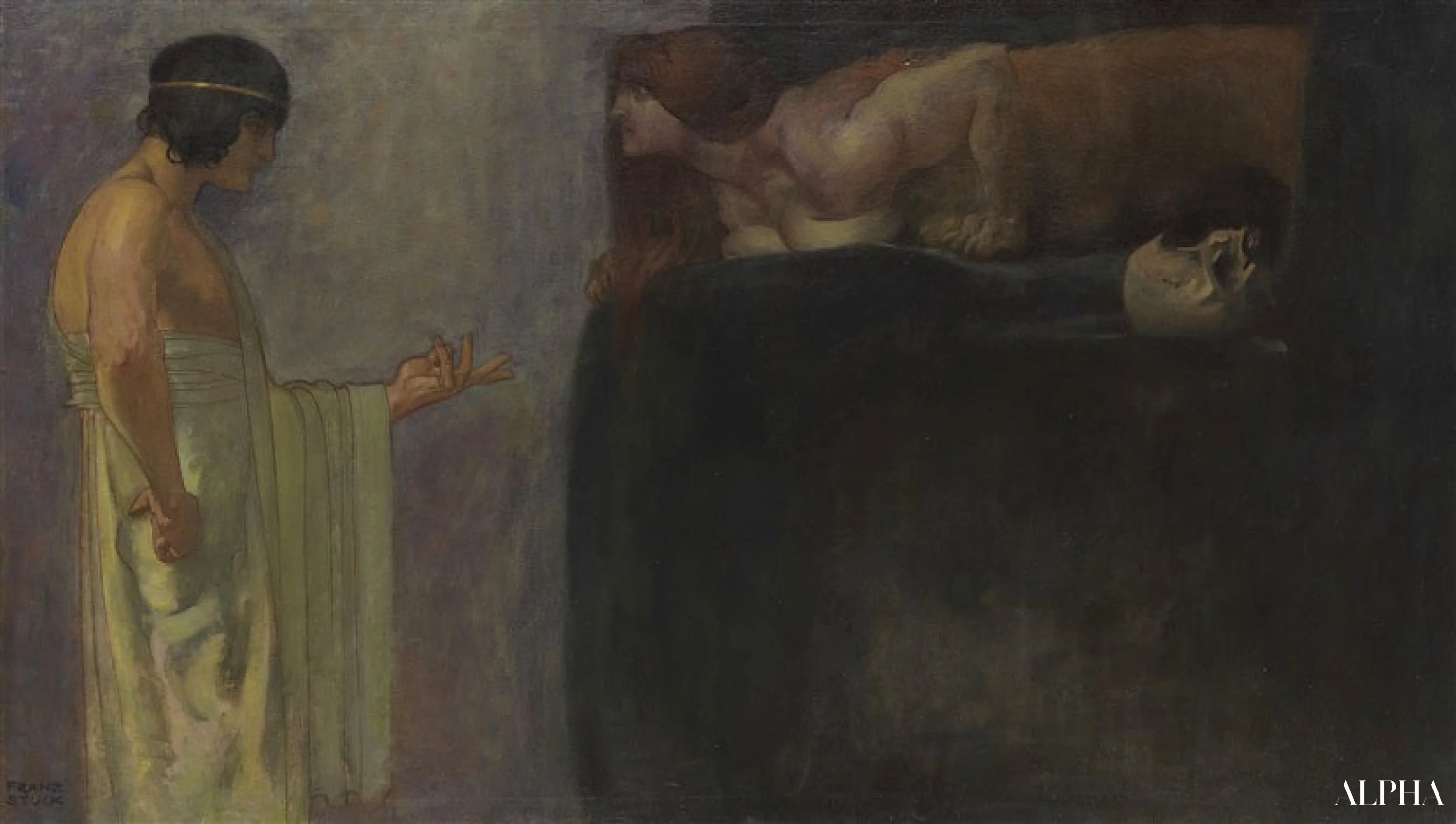 Reproduction du tableau « Œdipe résout l'énigme du Sphinx - Franz von stuck » par Alpha Reproduction en peinture à l’huile