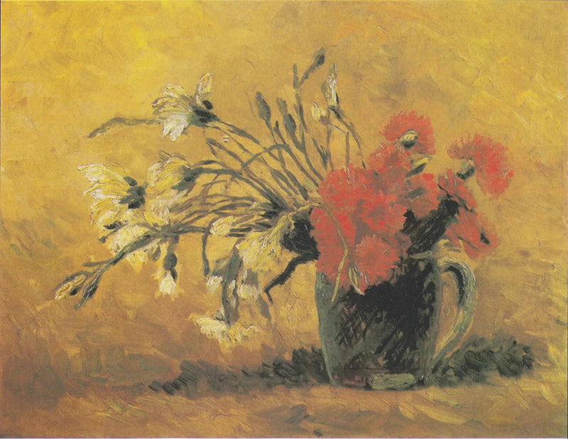 Vase med rød og hvit nellik på gul bakgrunn - Vincent van Gogh