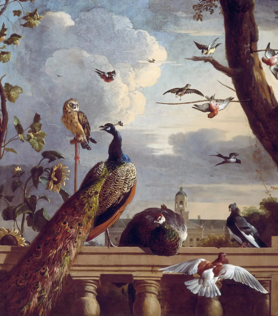 Fugler rundt en balustrade, med Amsterdams rådhus i bakgrunnen, 1670 - Melchior de Hondecoeter