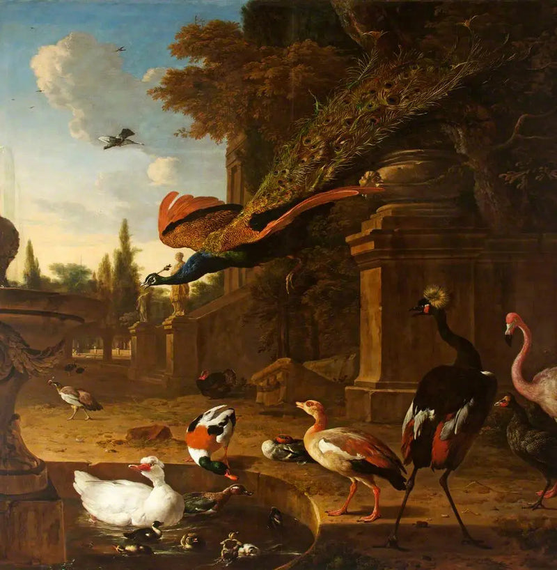 Fugler i ornament i og ved en dam i en park, med en svevende påfugl - Melchior de Hondecoeter