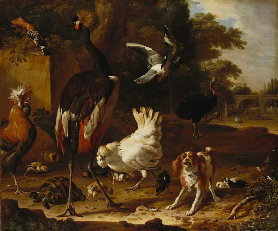 Fugler og epagneul i en hage - Melchior de Hondecoeter