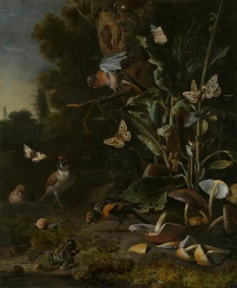 Fugler, sommerfugler og en frosk blant planter og sopp - Melchior de Hondecoeter