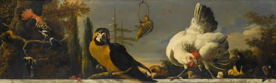 Fugler på en balustrade - Melchior de Hondecoeter