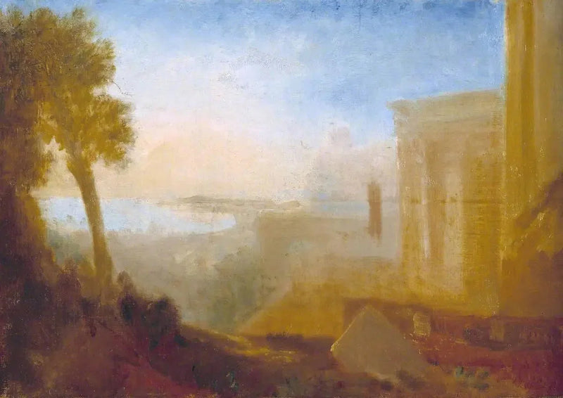 Utsikt over kysten, med klassisk bygning - J. M. W. Turner