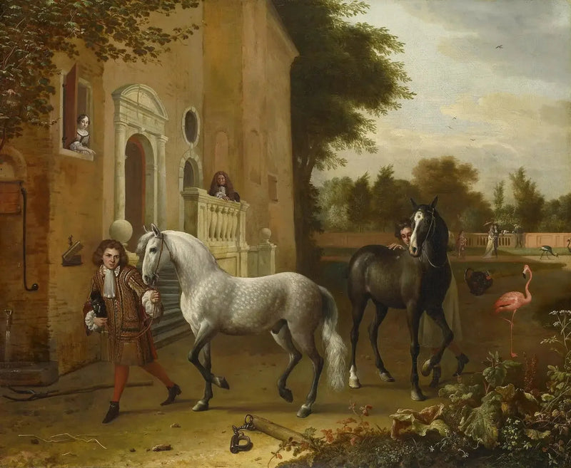 Hestepassere med hester, en grå og en mørk brun, ved Nijenrode-slottet - Melchior de Hondecoeter