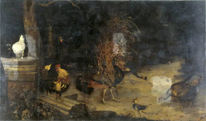 Påfugl og gjess i en skog - Melchior de Hondecoeter