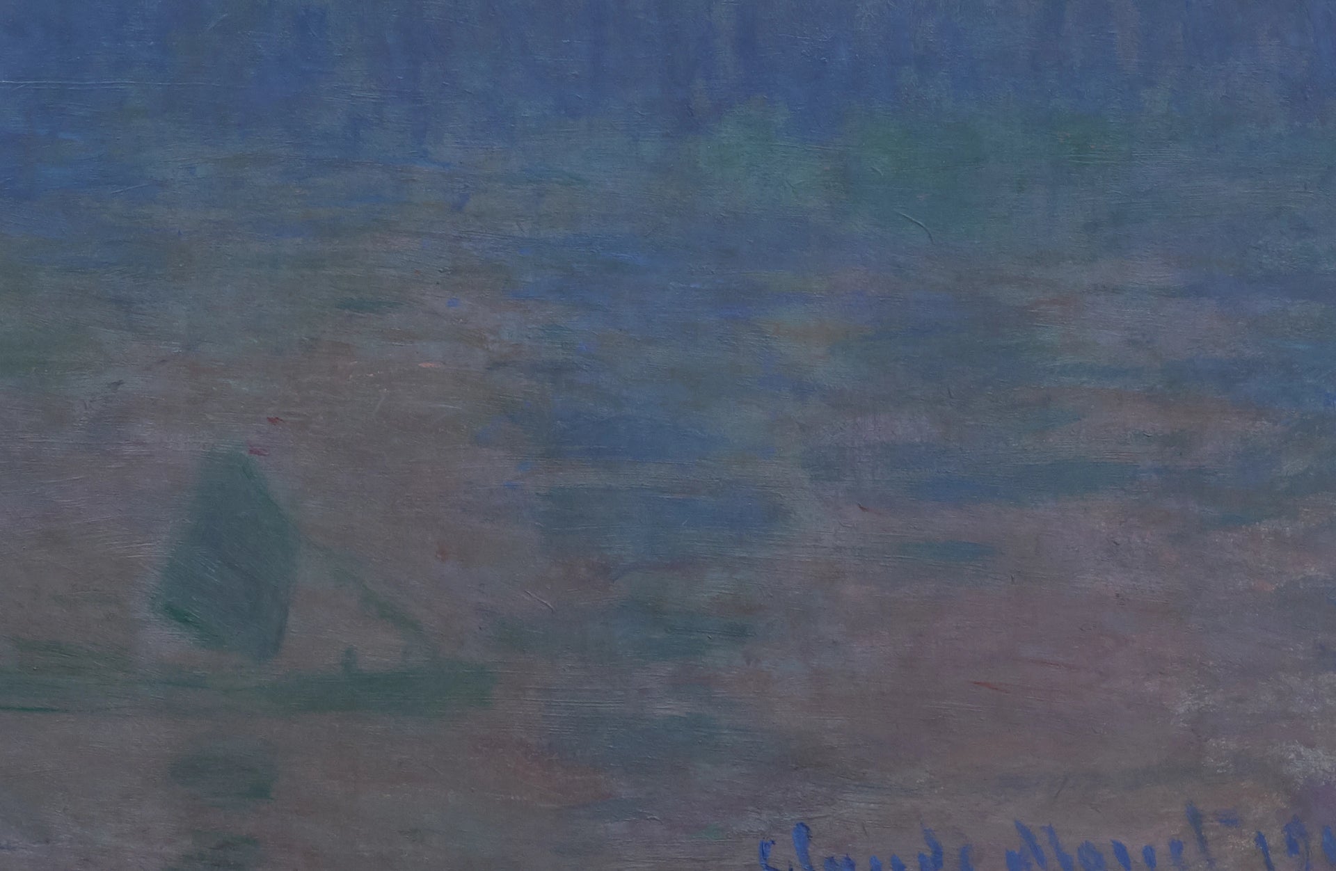 Détail de la barque, de la Tamise et de la signature de Claude Monet