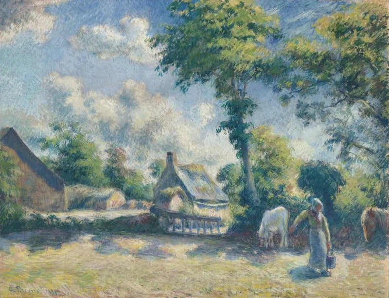 Landskap i Melleray, kvinne som gir vann til hester - Camille Pissarro