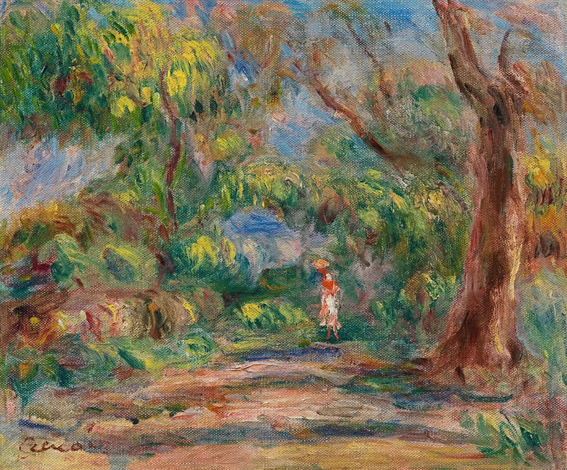 Landskap, gårdsvei med kvinne i rødt og hvitt - Pierre-Auguste Renoir