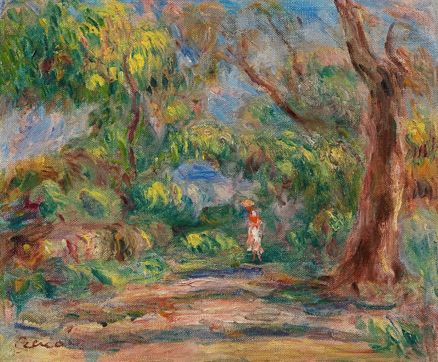Landskap, gårdsvei med kvinne i rødt og hvitt - Pierre-Auguste Renoir