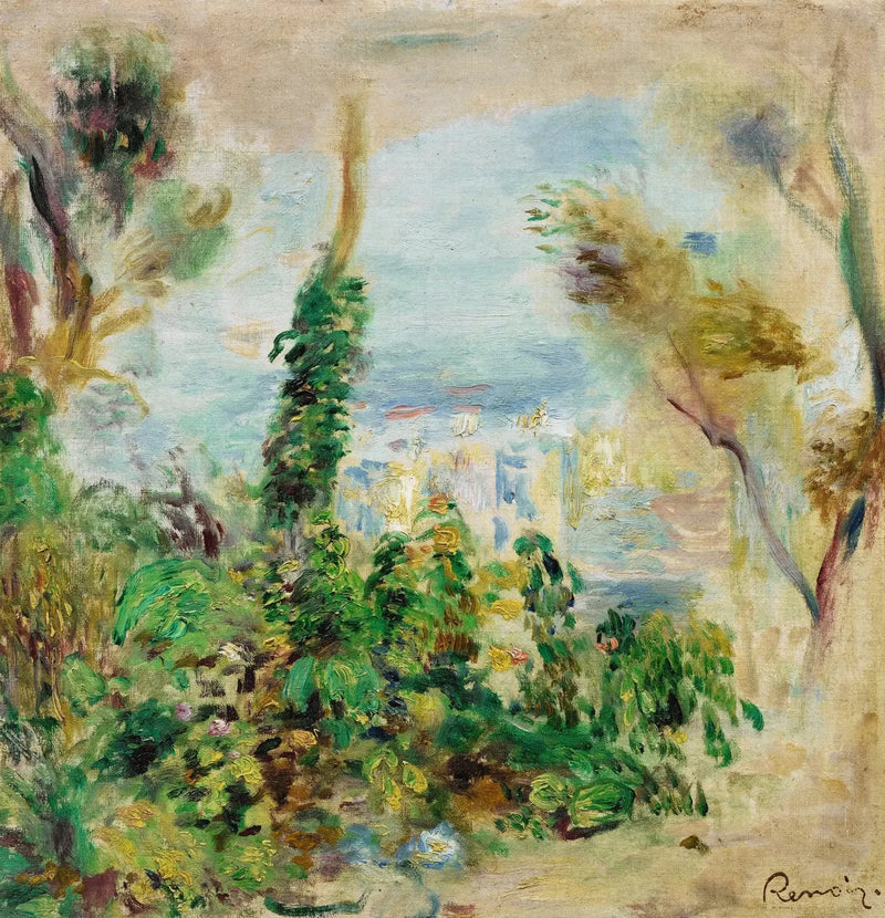Landskap, i forgrunnen klatrende blomster, i bakgrunnen hus - Pierre-Auguste Renoir