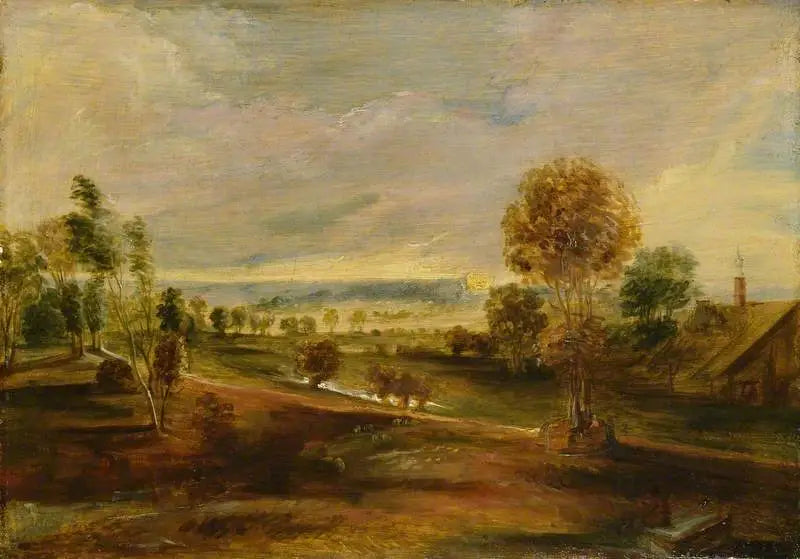 Landskap med landbruksbygninger ved solnedgang - Peter Paul Rubens