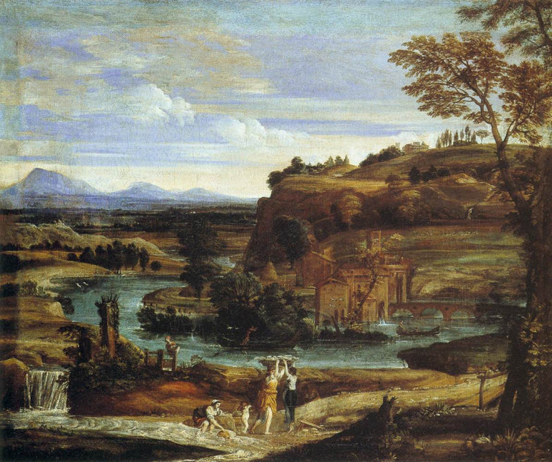  Landskap med klesvaskere og et barn som heller vin - Domenichino