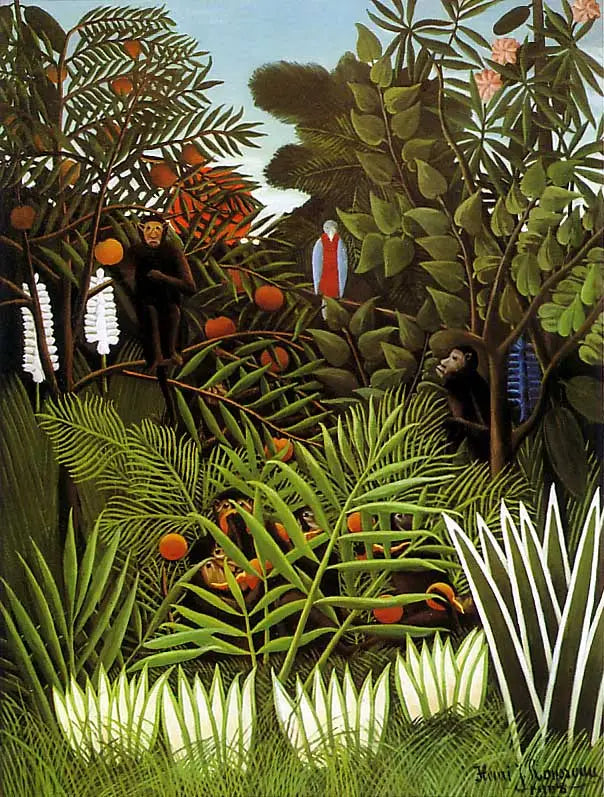 Landskap med eksotiske aper og en papegøye - Henri Rousseau