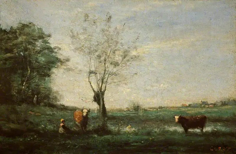 Paysage avec deux vaches - Jean-Baptiste Camille Corot image 1 reproduction artisanale de tableau