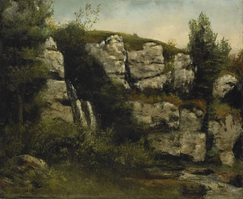 Landskap med klippefjellet og foss - Gustave Courbet