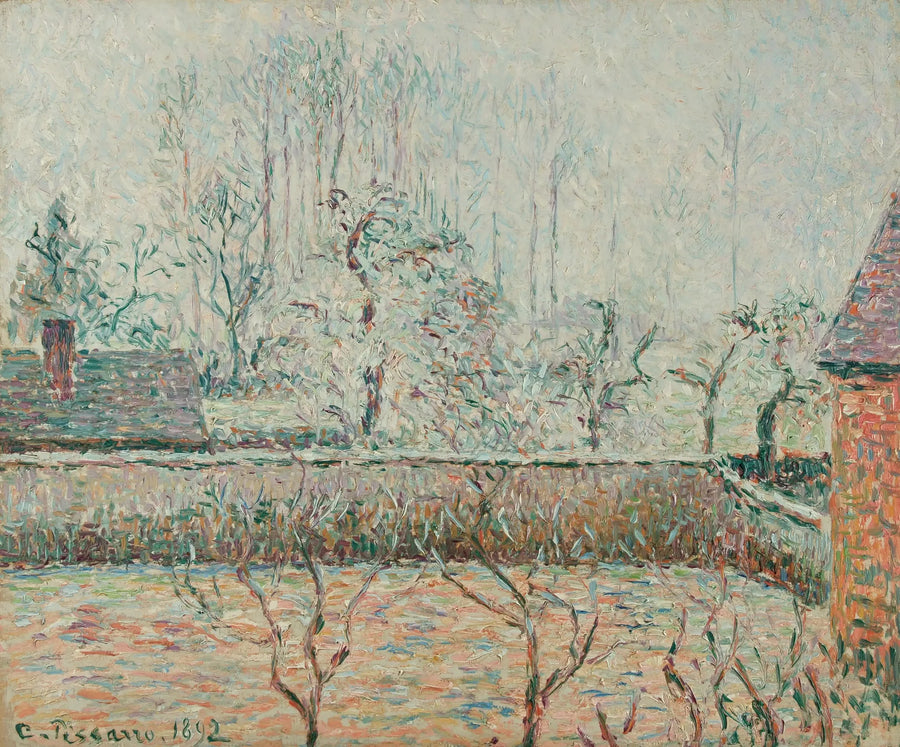 Landskap med hus og mur, tåke og rim, Éragny - Camille Pissarro