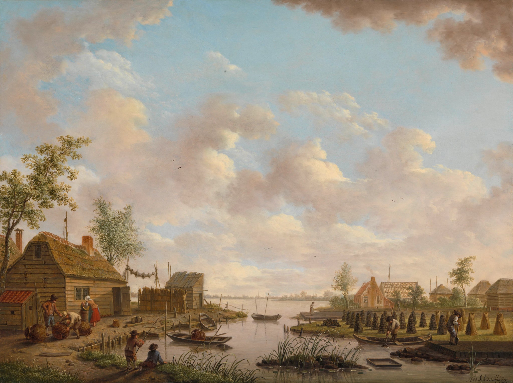 Paysage avec des pêcheurs et des agriculteurs coupant de la tourbe dans la tourbière - Heinrich Wilhelm Schweickhardt