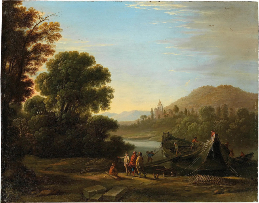 Landskap med personer som laster ved på en båt - Claude Lorrain