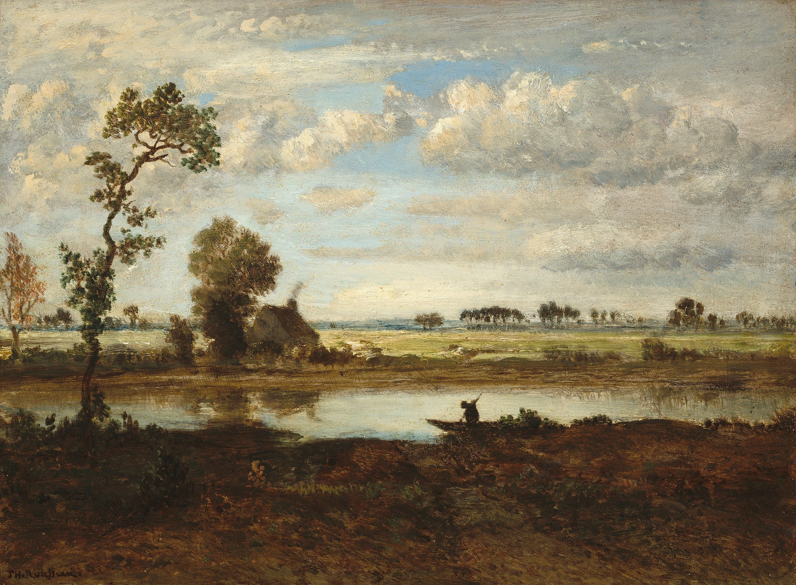 Paysage avec un batelier - Théodore Rousseau image 1 reproduction de peinture à l’huile