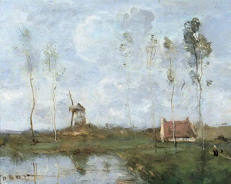 Landskap med en hytte og en vindmølle - Jean-Baptiste Camille Corot