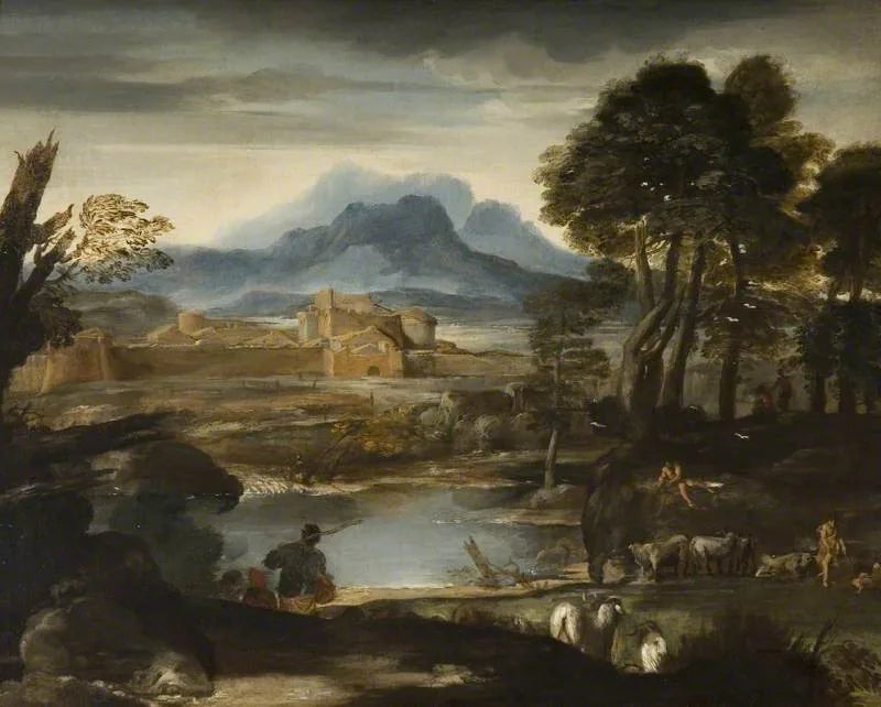 Landskap med en innsjø og en befestet by - Pietro da Cortona