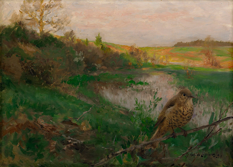 Paysage avec une grive musicienne au bord de l'eau - Bruno Liljefors