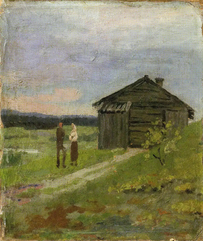 Landskap med et lite hus og to personer - Edvard Munch