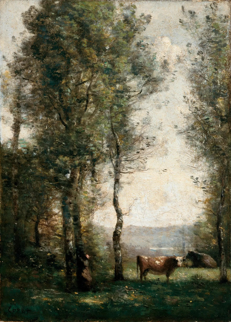 Skoglandskap med kuer i en lysning - Jean-Baptiste Camille Corot