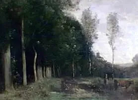 Skoglandskap med utsikt over en landsby - Jean-Baptiste Camille Corot