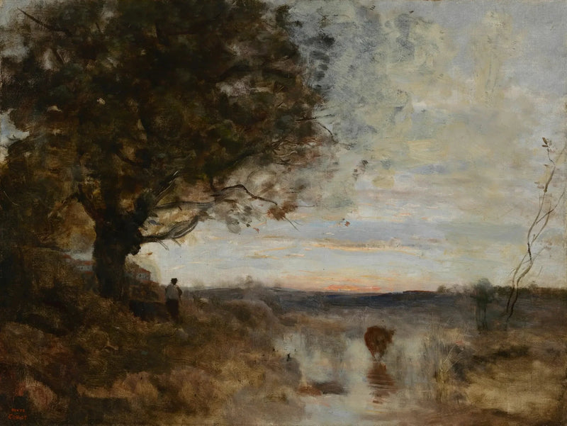 Landskapskomposisjon, soloppgangseffekt - Jean-Baptiste Camille Corot