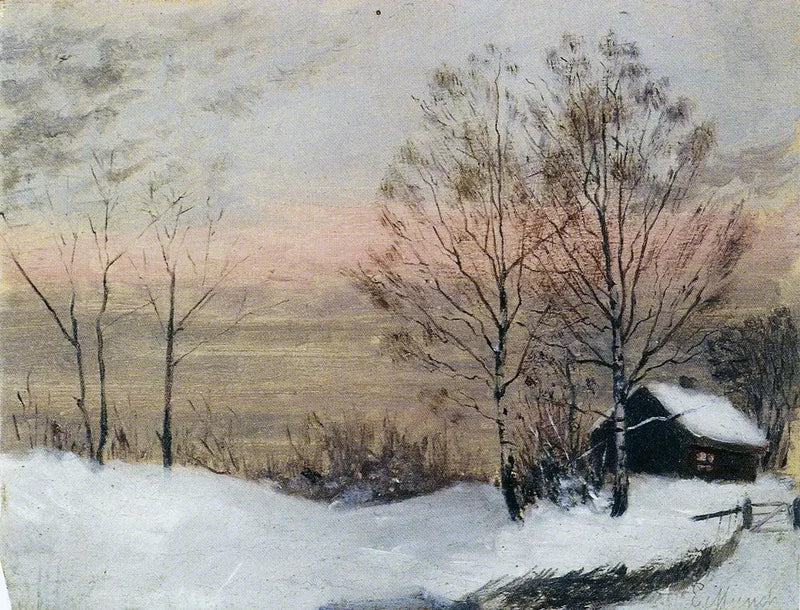 Vinterlandskap med hus og rød himmel - Edvard Munch
