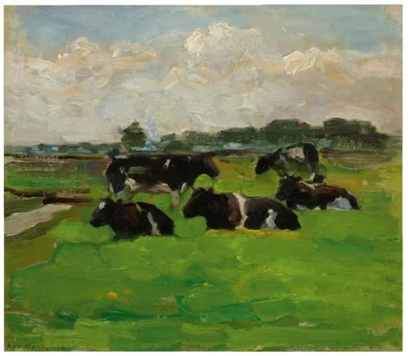 Landskap av poldere med en gruppe på fem kyr - Piet Mondrian