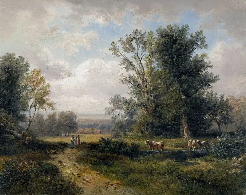 Sommerlandskap med kvinnelige bønder og kuer - Jules Breton