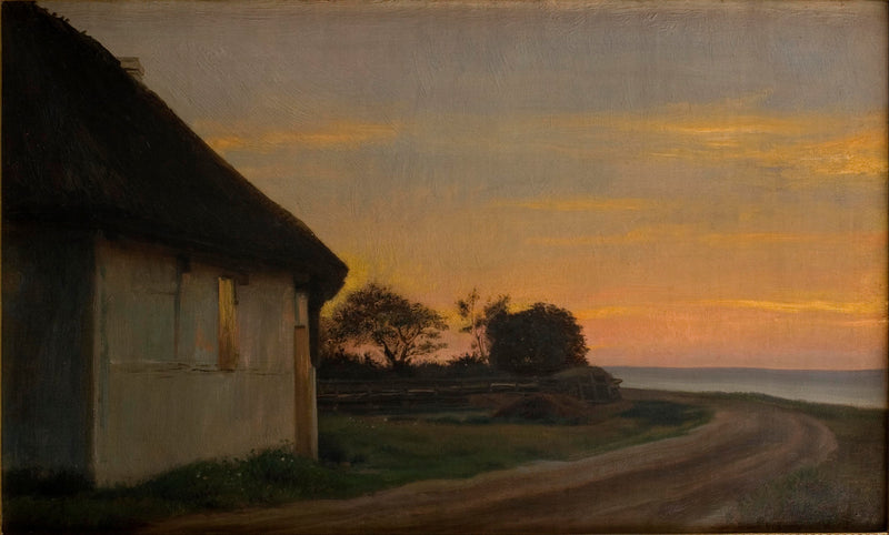 Kveldslandskap med et hus og en hage ved sjøen. Ellekilde - Carl Heinrich Bloch