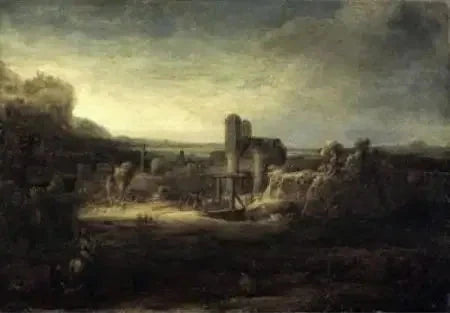 Landskap med en kirke - Rembrandt