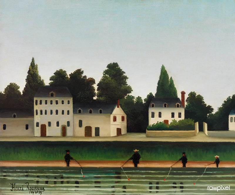 Landskap og fire fiskere med fiskestenger - Henri Rousseau