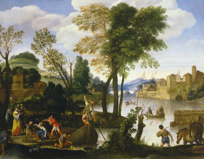 Elvlandskap med båtførere og fiskere, et elegant par som går langs elvebredden - Domenichino