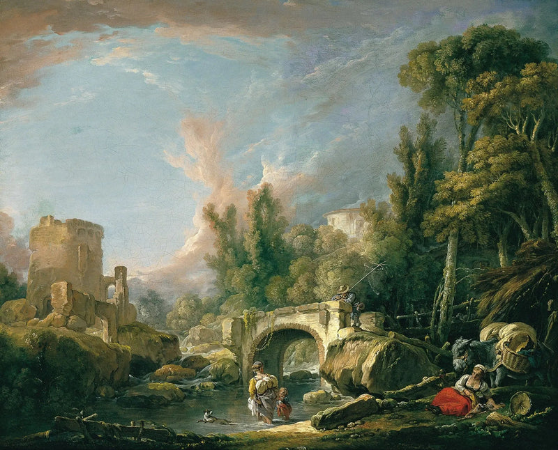 Fluvial landskap med ruin og bro - François Boucher