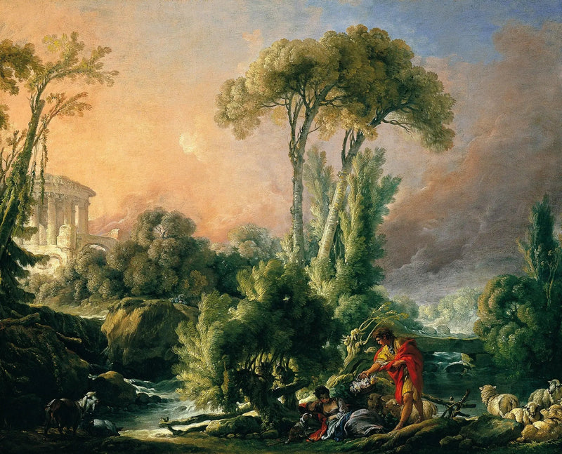 Elvlandskap med antikk tempel - François Boucher