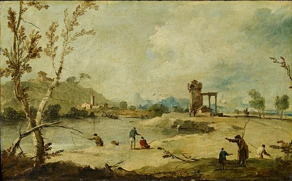 Elvlandskap med et ruinert tårn og en fjern landsby - Francesco Guardi