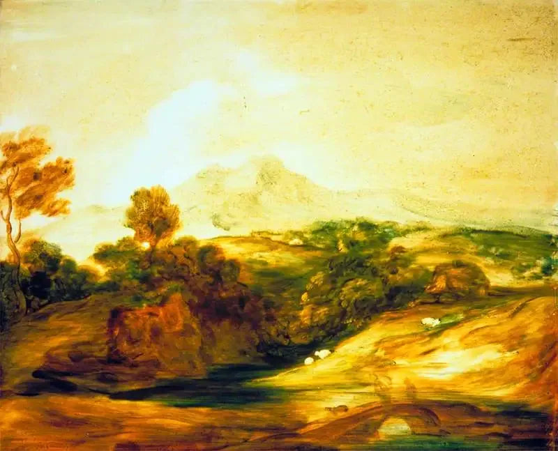 Bølende skoglandskap med personer på en bro, en hytte, sauer og fjerne fjell - Thomas Gainsborough

Source:
Paysage fluvial boisé avec personnages sur un pont, un chalet, des moutons et des montagnes lointaines - Thomas Gainsborough