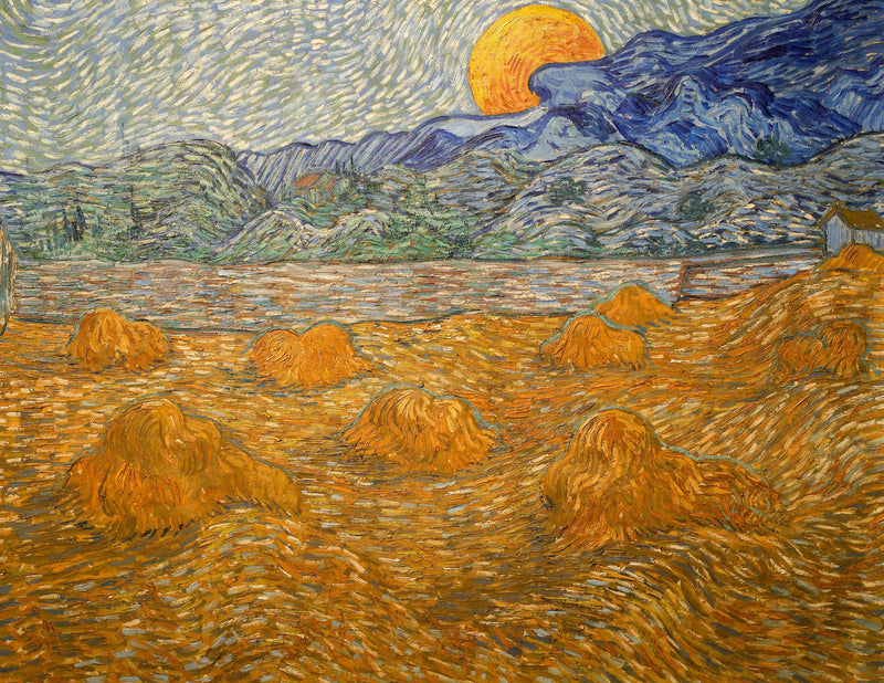 Landskap med kornbunter og stigende måne - Vincent van Gogh