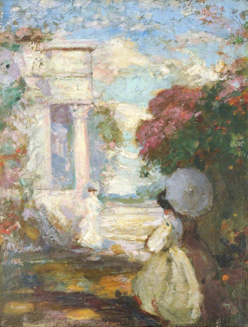 Lyrisk landskap med to personer i 1800-talls kostymer - Charles Conder