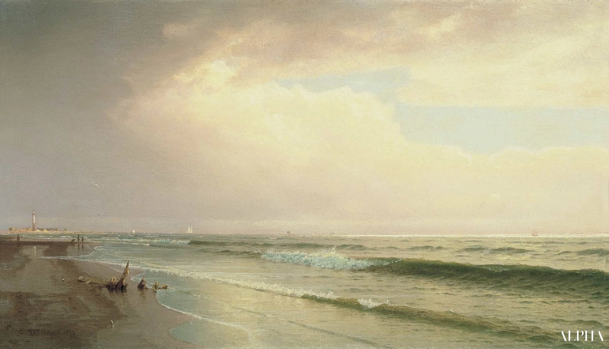 Sjølandskap med fjern fyr, Atlantic City, New Jersey - William Trost Richards - Høykvalitets reproduksjoner av malerier og bilder