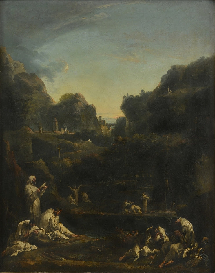 Fjellandskap med grupper av munker - Sebastiano Ricci