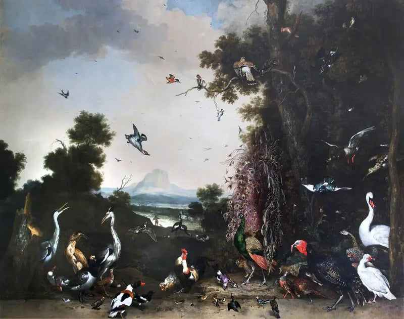 Åpent landskap med fjærfe og vannfugler - Melchior de Hondecoeter