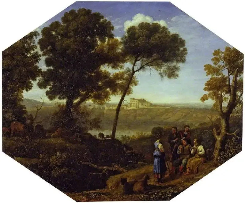 Landskap med landsbyen ved Albano-sjøen og Castel Gandolfo - Claude Lorrain